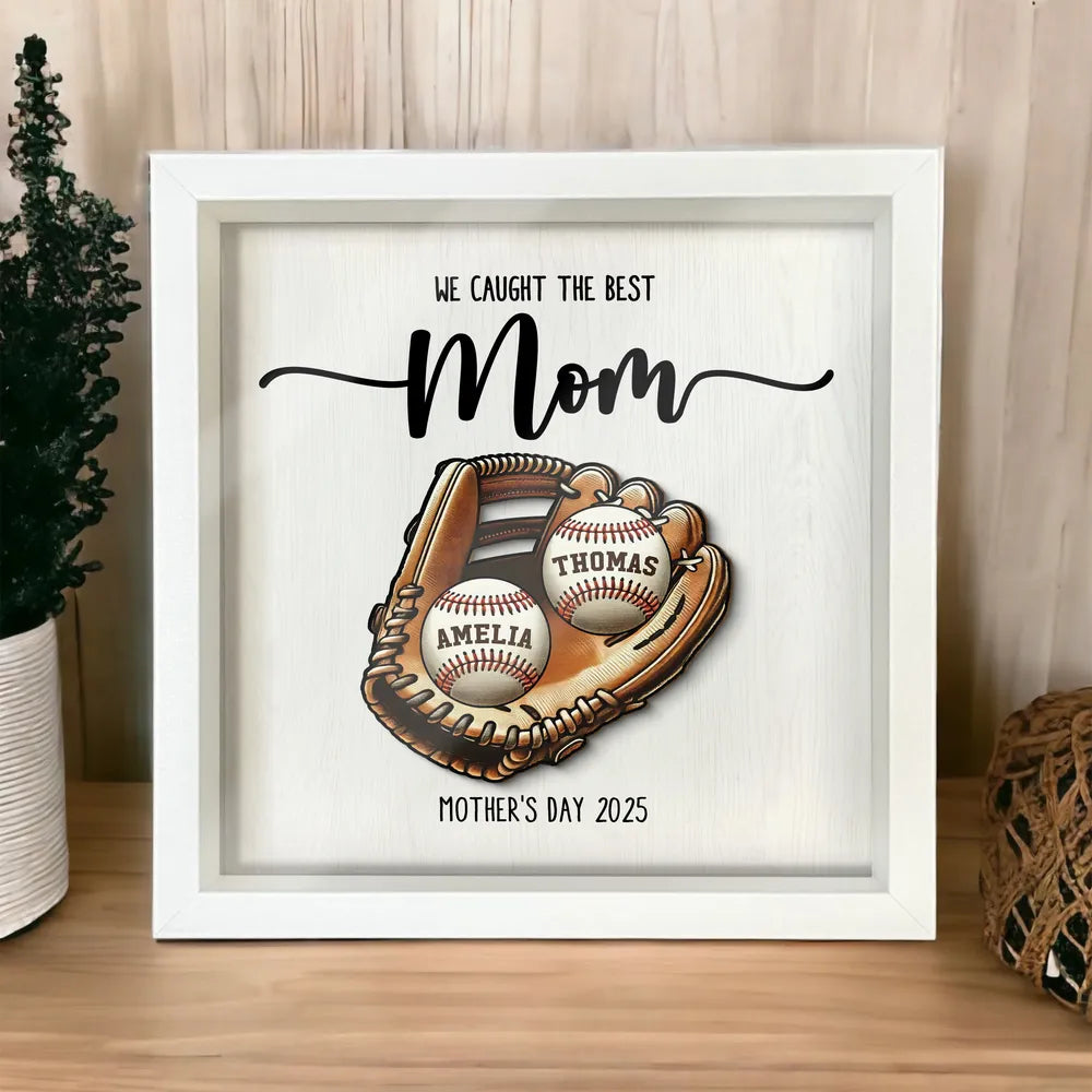 Custom We Caught The Best Mom Baseball & Softball Shadow Box With Kid's Name, Mother's Day Gift