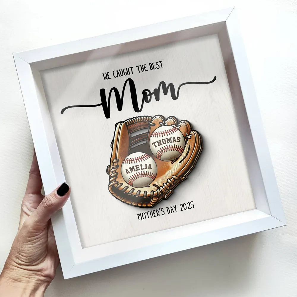 Custom We Caught The Best Mom Baseball & Softball Shadow Box With Kid's Name, Mother's Day Gift