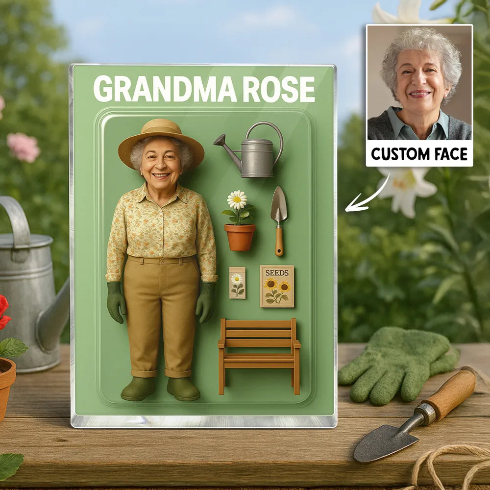 Custom Grandma Gardening Cartoon Action Figure Pack Packaging Rectangle Acrylic Block Plaque