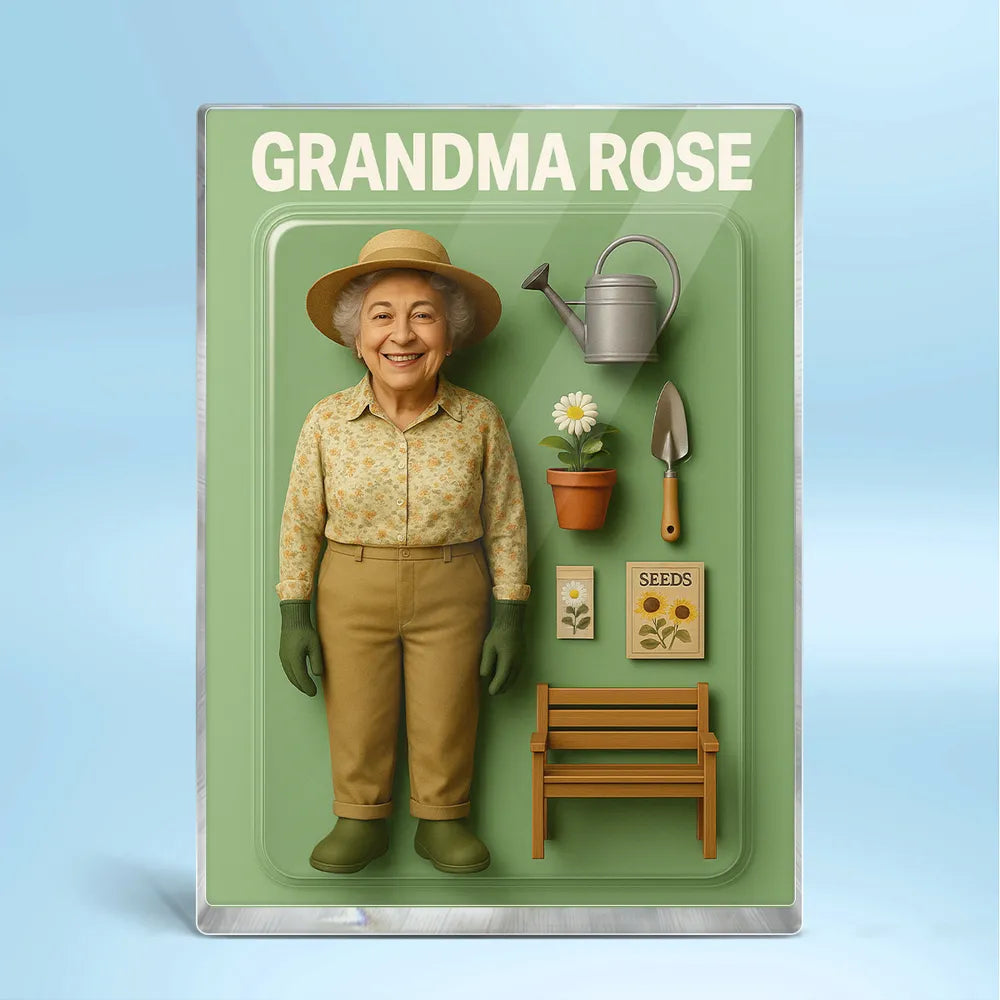 Custom Grandma Gardening Cartoon Action Figure Pack Packaging Rectangle Acrylic Block Plaque