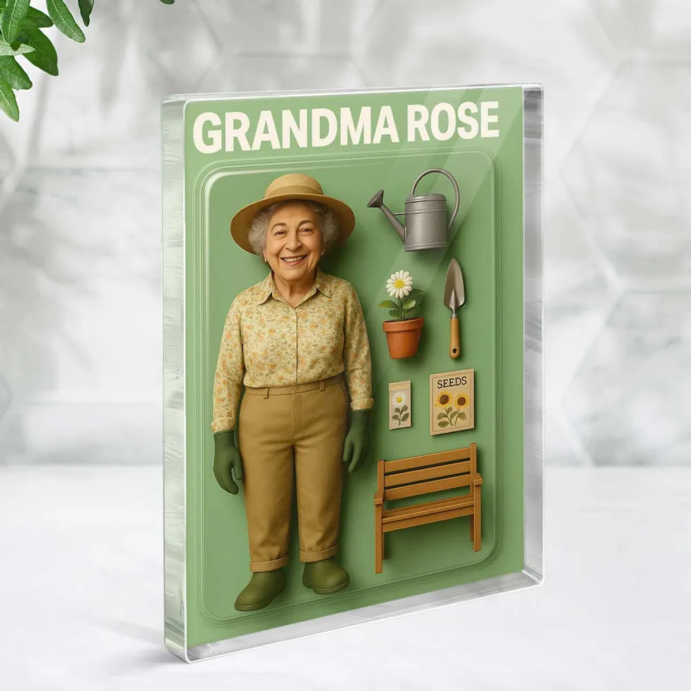 Custom Grandma Gardening Cartoon Action Figure Pack Packaging Rectangle Acrylic Block Plaque