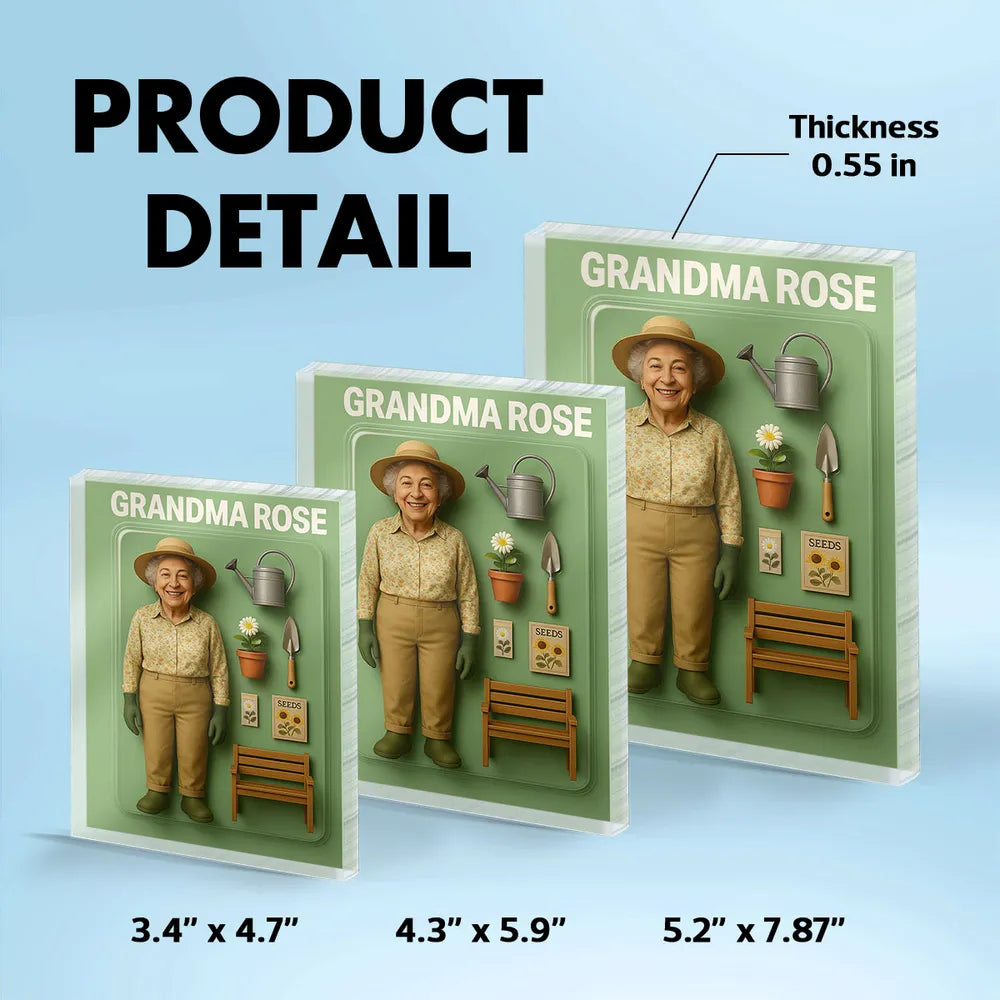 Custom Grandma Gardening Cartoon Action Figure Pack Packaging Rectangle Acrylic Block Plaque