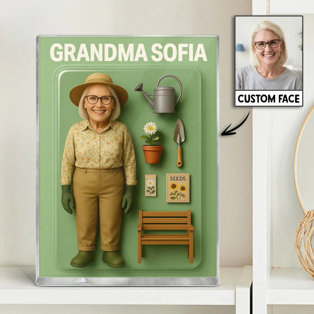 Custom Grandma Gardening Cartoon Action Figure Pack Packaging Rectangle Acrylic Block Plaque