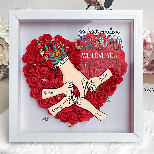Personalized So God Made A Mama Flower Shadow Box, Custom Mommy Hand Holding With Names