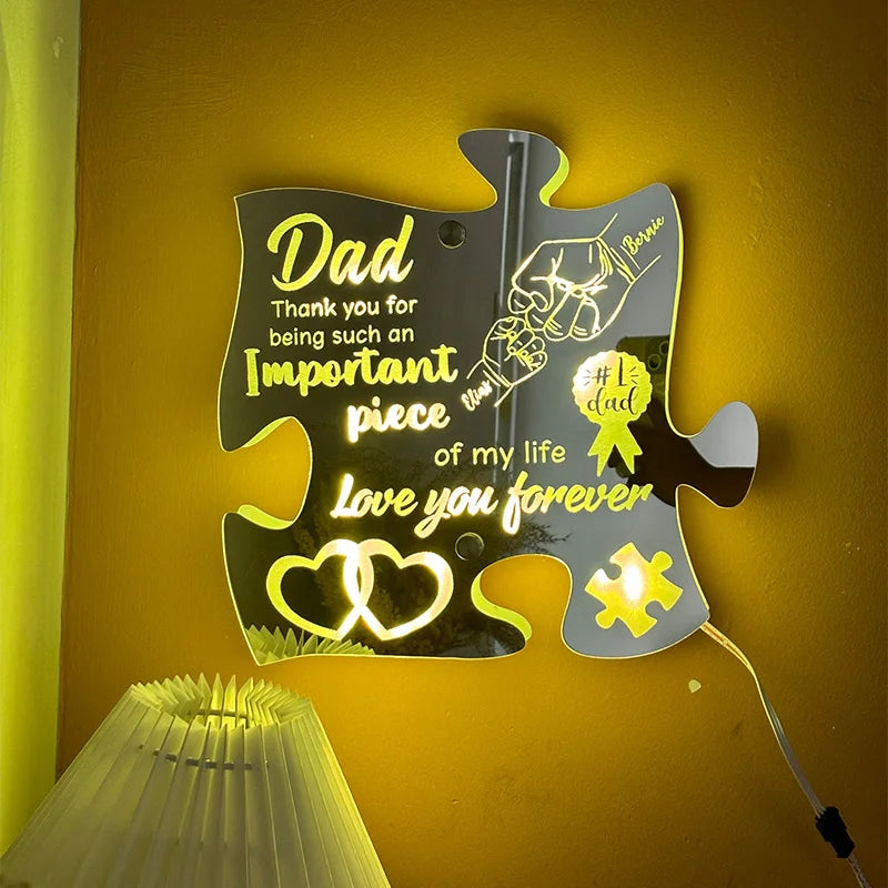 Custom Dad And Kid Fist Puzzle Pieces Mirror Light
