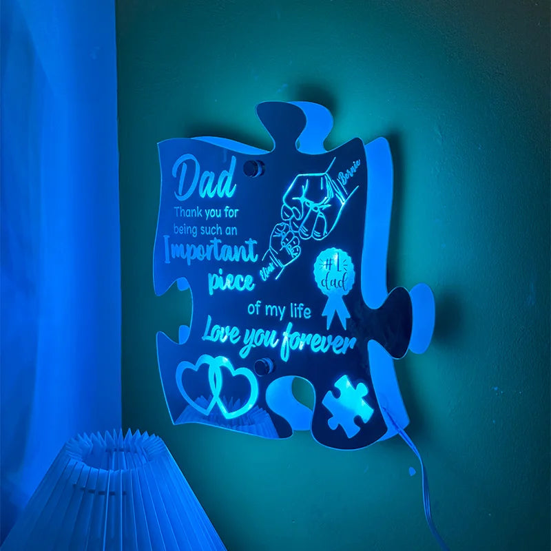 Custom Dad And Kid Fist Puzzle Pieces Mirror Light