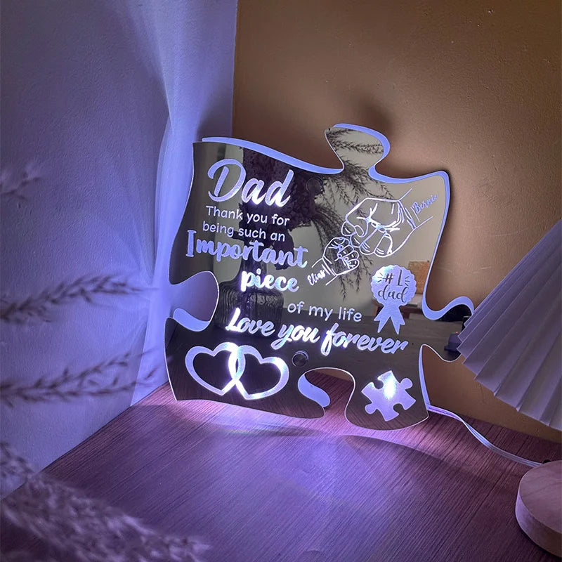 Custom Dad And Kid Fist Puzzle Pieces Mirror Light