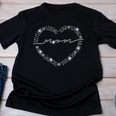 Custom Mom Rhinestone Heart T-Shirt With Empowering Words: Strong, Brave, Fun