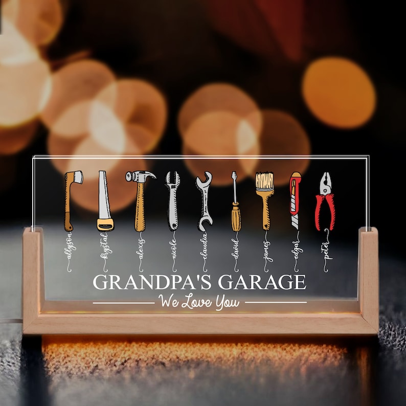 Personalized Grandpas Garage With Kids Name Led Night Light, Gift For Dad Grandpa