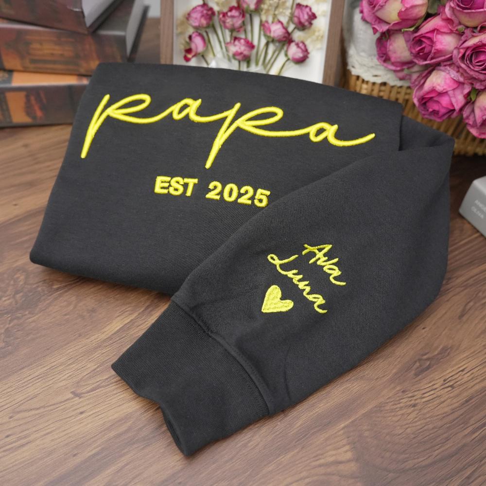 Custom Embroidered Dad Sweatshirt With Date And Kids Names On Sleeve, Gifts For Papa