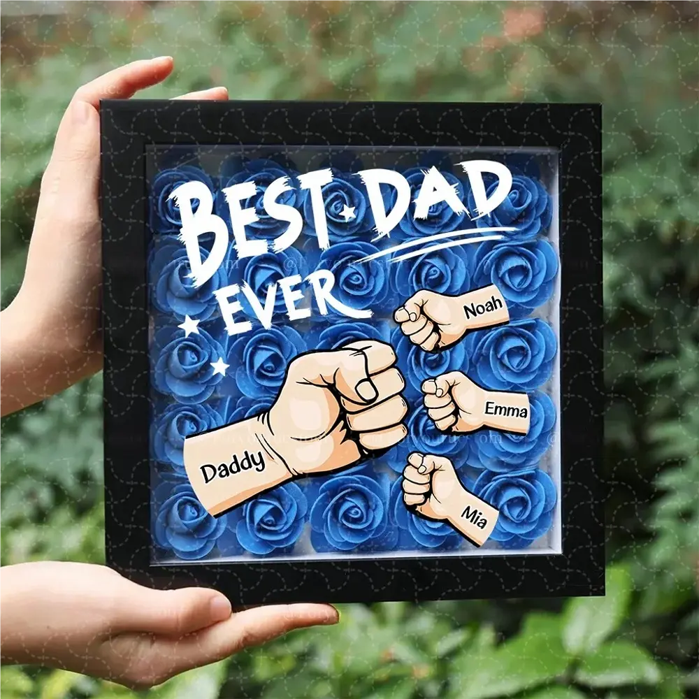 Best Dad Ever - Personalized Dad & Grandpa Flower Shadow Box With Names