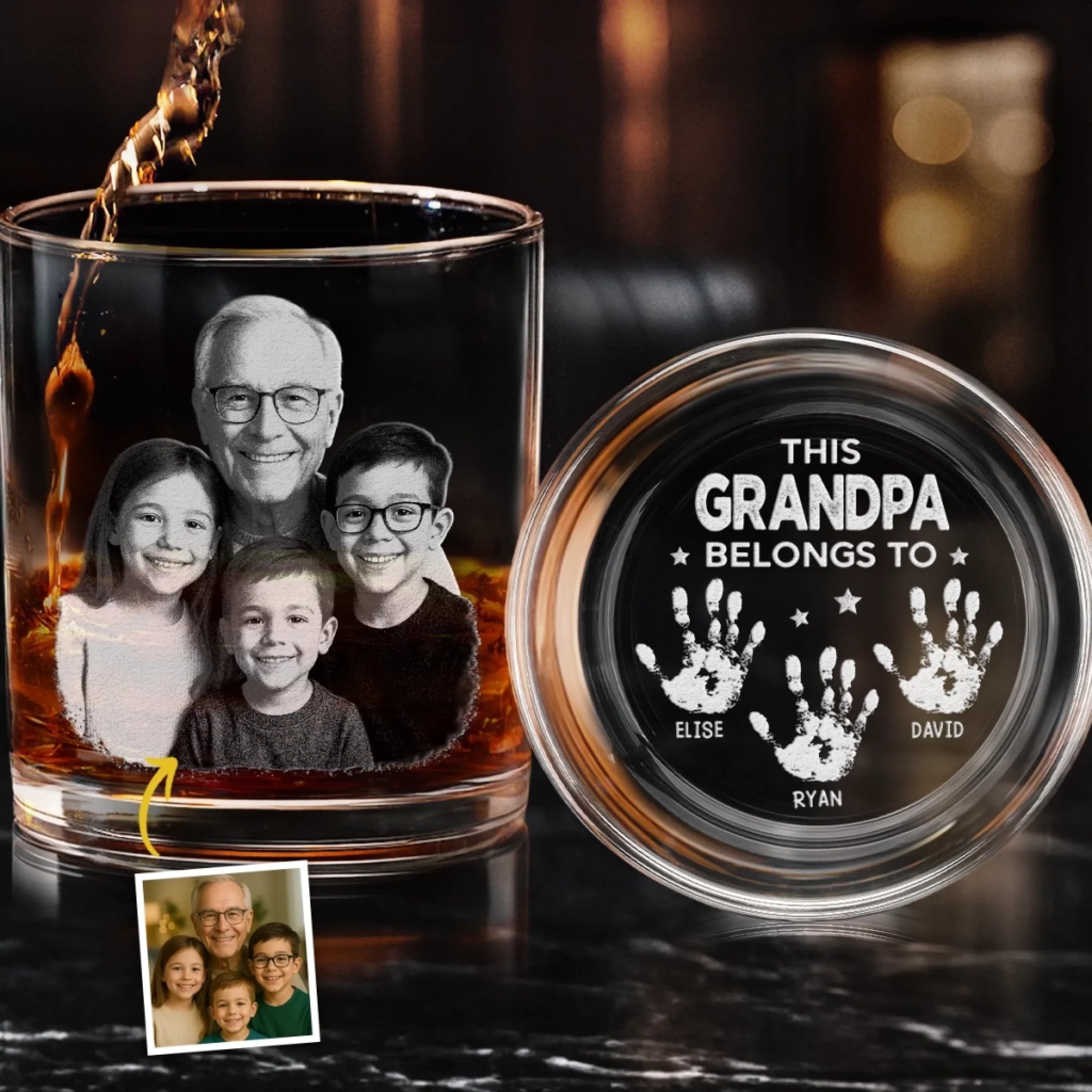 Custom Photo Whiskey Glass With Bottom And Side Engraving,Father's Day Gift For Dad, Grandpa