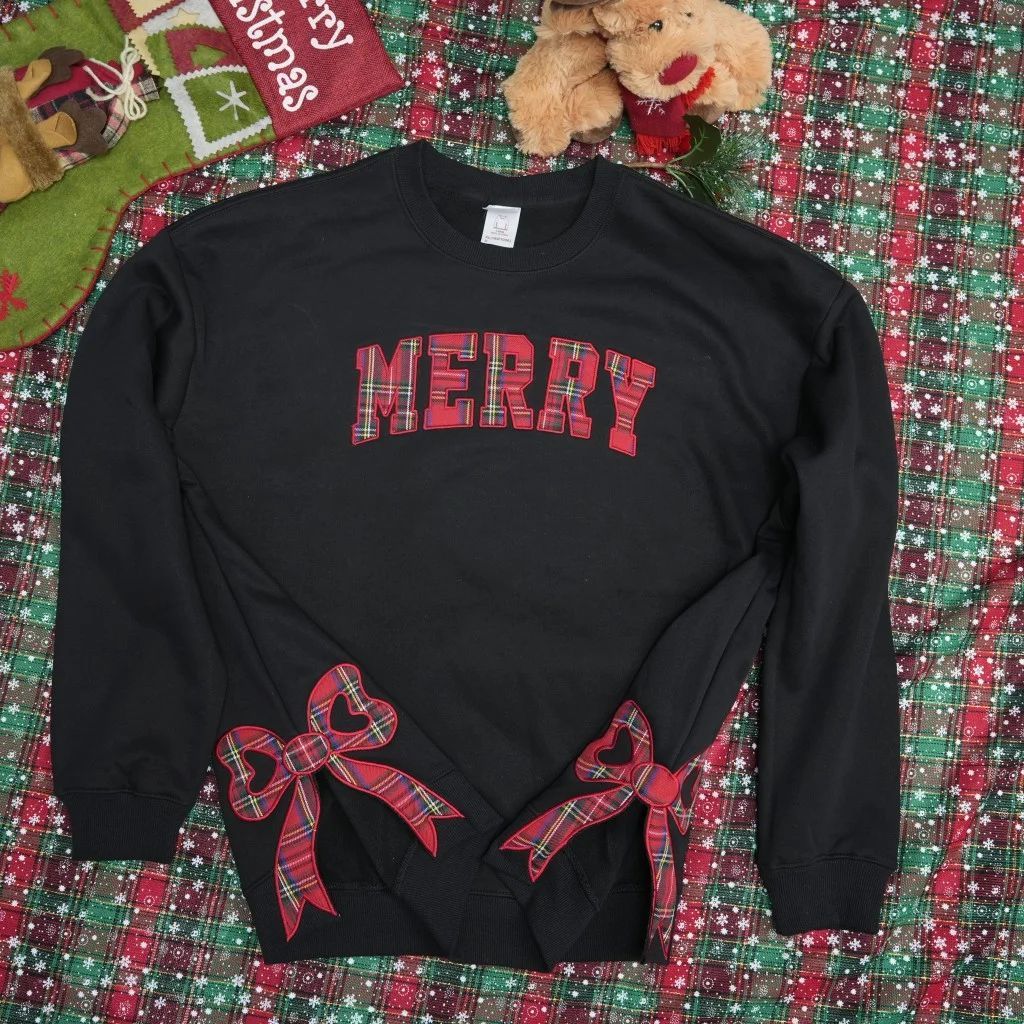 Trendy Merry Side Bow Cut-Out Sweatshirt - Cozy Plaid Christmas Pullover For Women