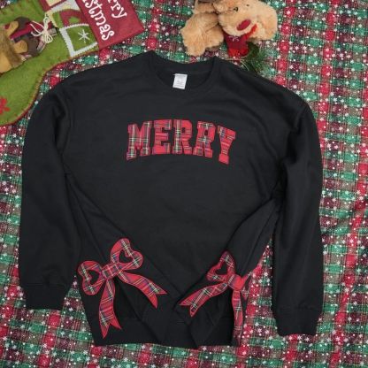 Trendy Merry Side Bow Cut-Out Sweatshirt - Cozy Plaid Christmas Pullover For Women