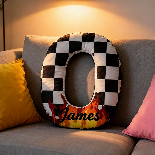 Personalized Racing Letter Throw Pillow Graphic 3D Print Custom Name Checkered and Flame Design Cushion Gift for Racers and Racing Lovers