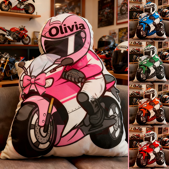 Personalized Biker Shaped Pillow Custom Name Cushion Gift for Motorcyclists and Motorcycle Enthusiasts