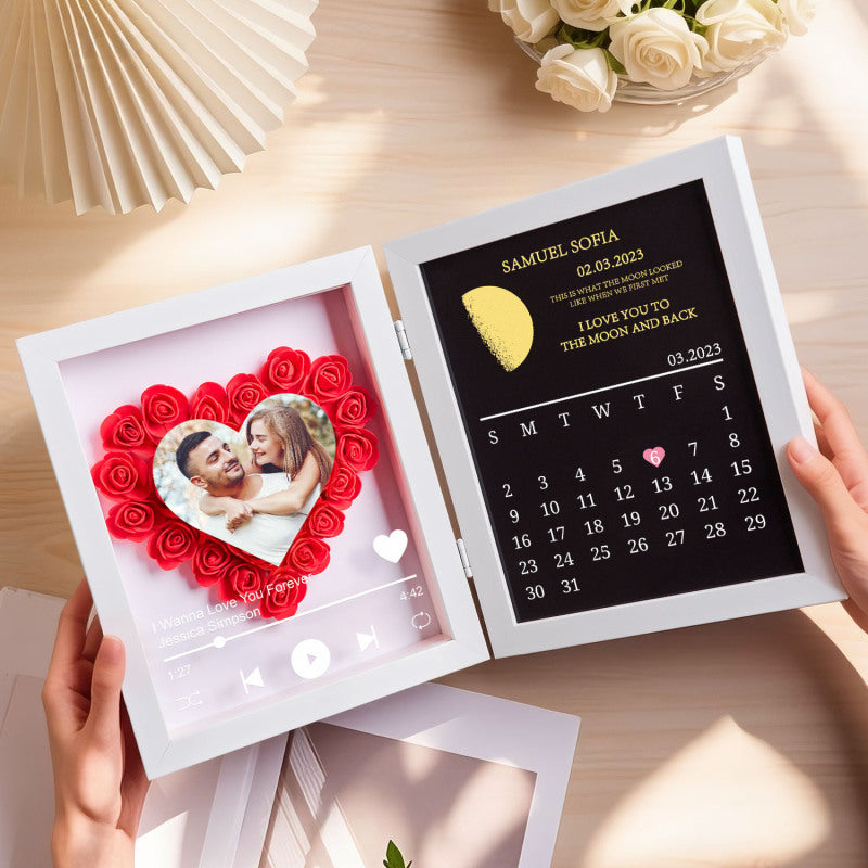 (Heart With Song) Custom Flowers Frame with REAL MOON PHASE Anniversary Calendar