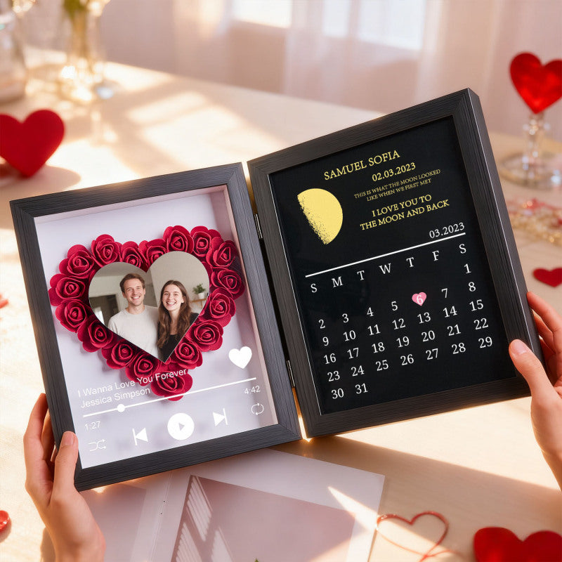 (Heart With Song) Custom Flowers Frame with REAL MOON PHASE Anniversary Calendar