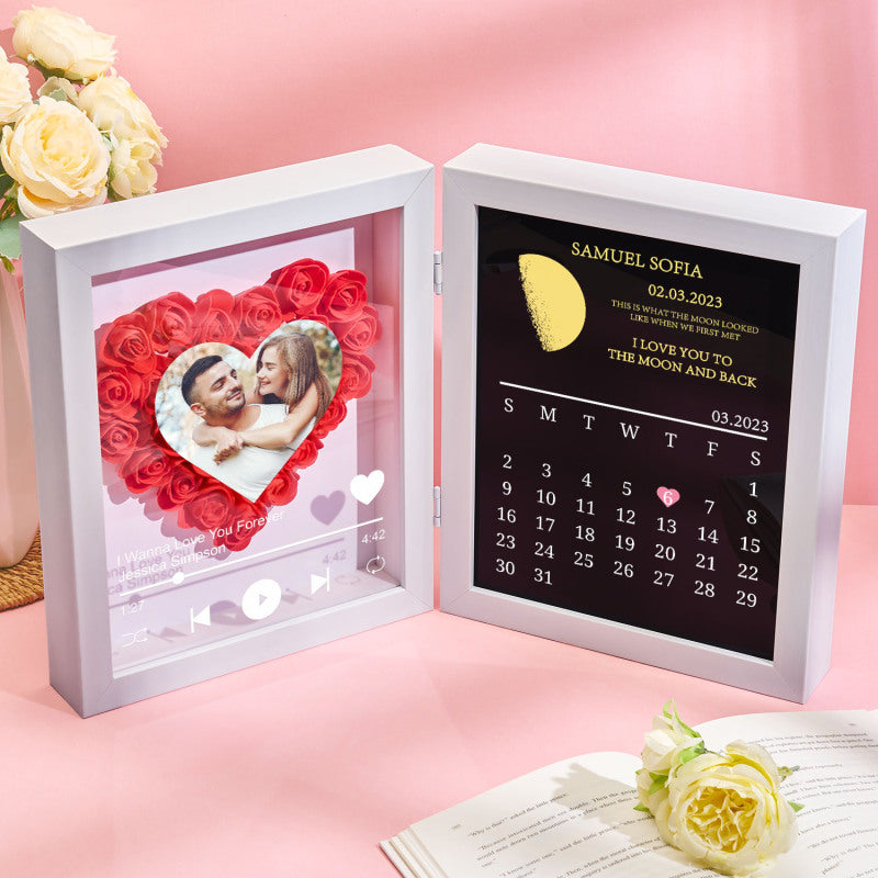 (Heart With Song) Custom Flowers Frame with REAL MOON PHASE Anniversary Calendar