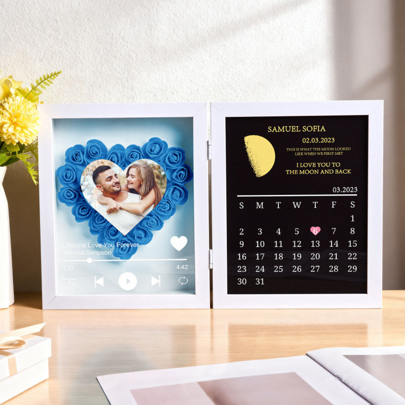 (Heart With Song) Custom Flowers Frame with REAL MOON PHASE Anniversary Calendar