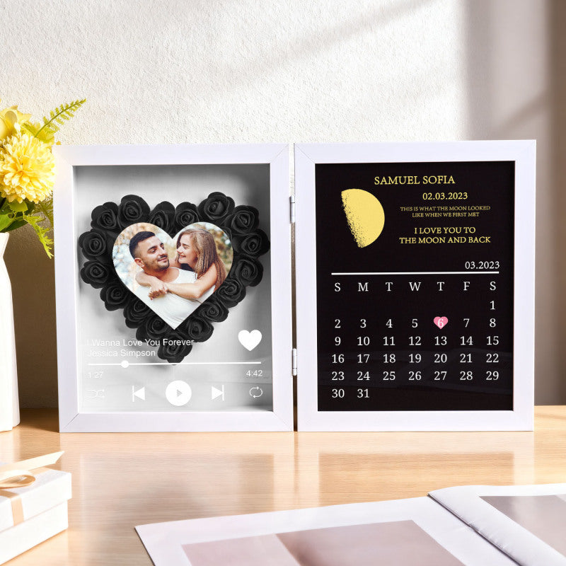 (Heart With Song) Custom Flowers Frame with REAL MOON PHASE Anniversary Calendar