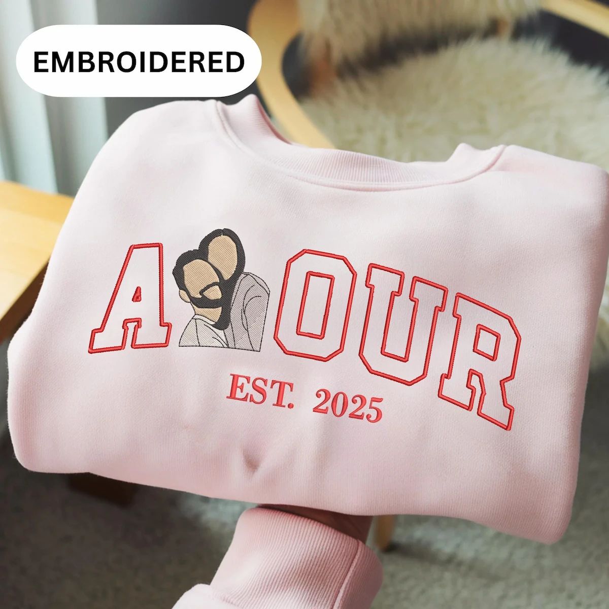 Embroidered Custom Couple Photo Portrait Hoodie With Anniversary Date