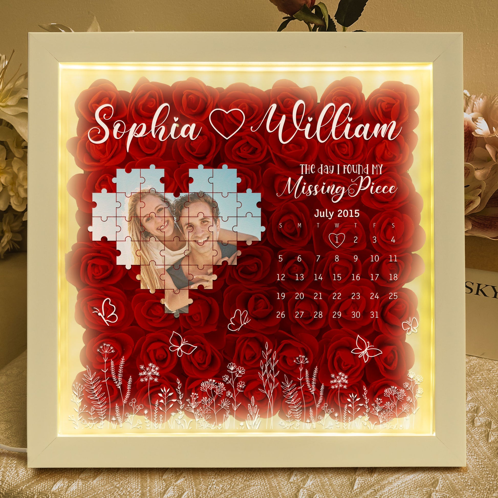 The Day I Found My Missing Piece - Personalized Photo Flower Shadow Box With LED Light
