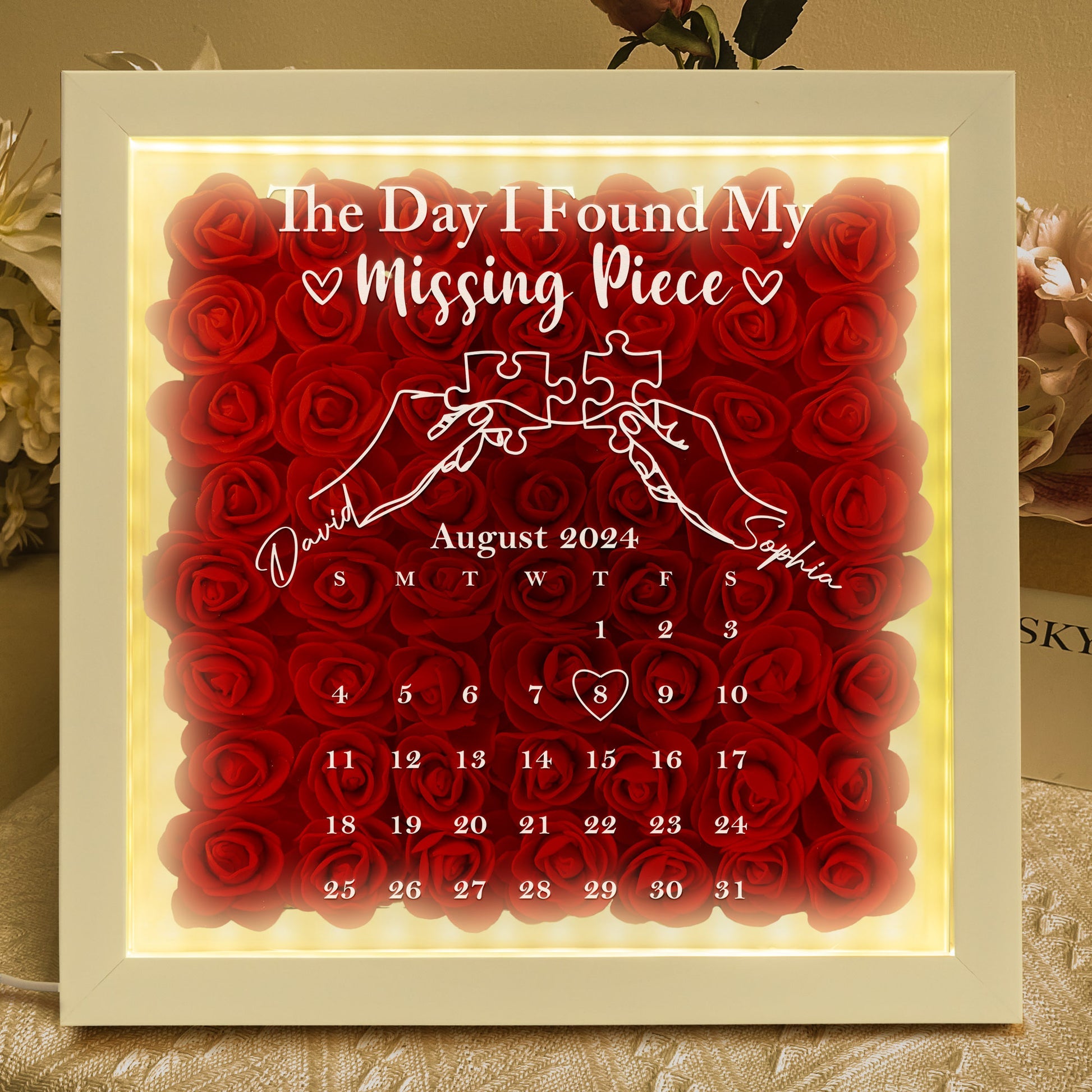 The Day I Found My Missing Piece - Custom Date - Personalized Flower Shadow Box With LED Light