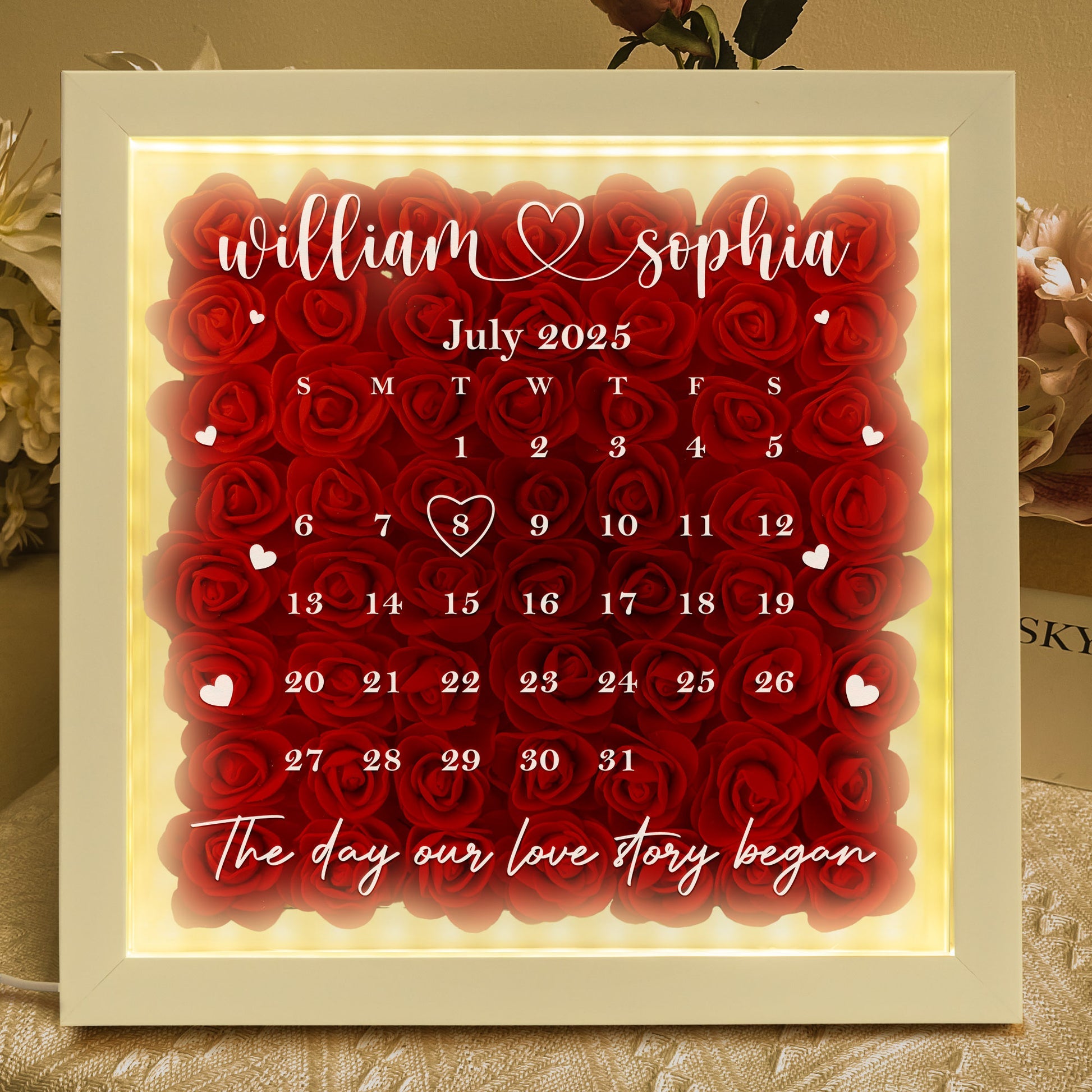 Custom Special Date Anniversary For Couples - Personalized Flower Shadow Box With LED Light