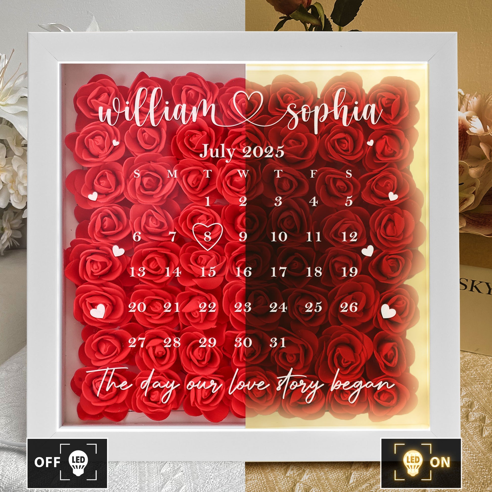 Custom Special Date Anniversary For Couples - Personalized Flower Shadow Box With LED Light