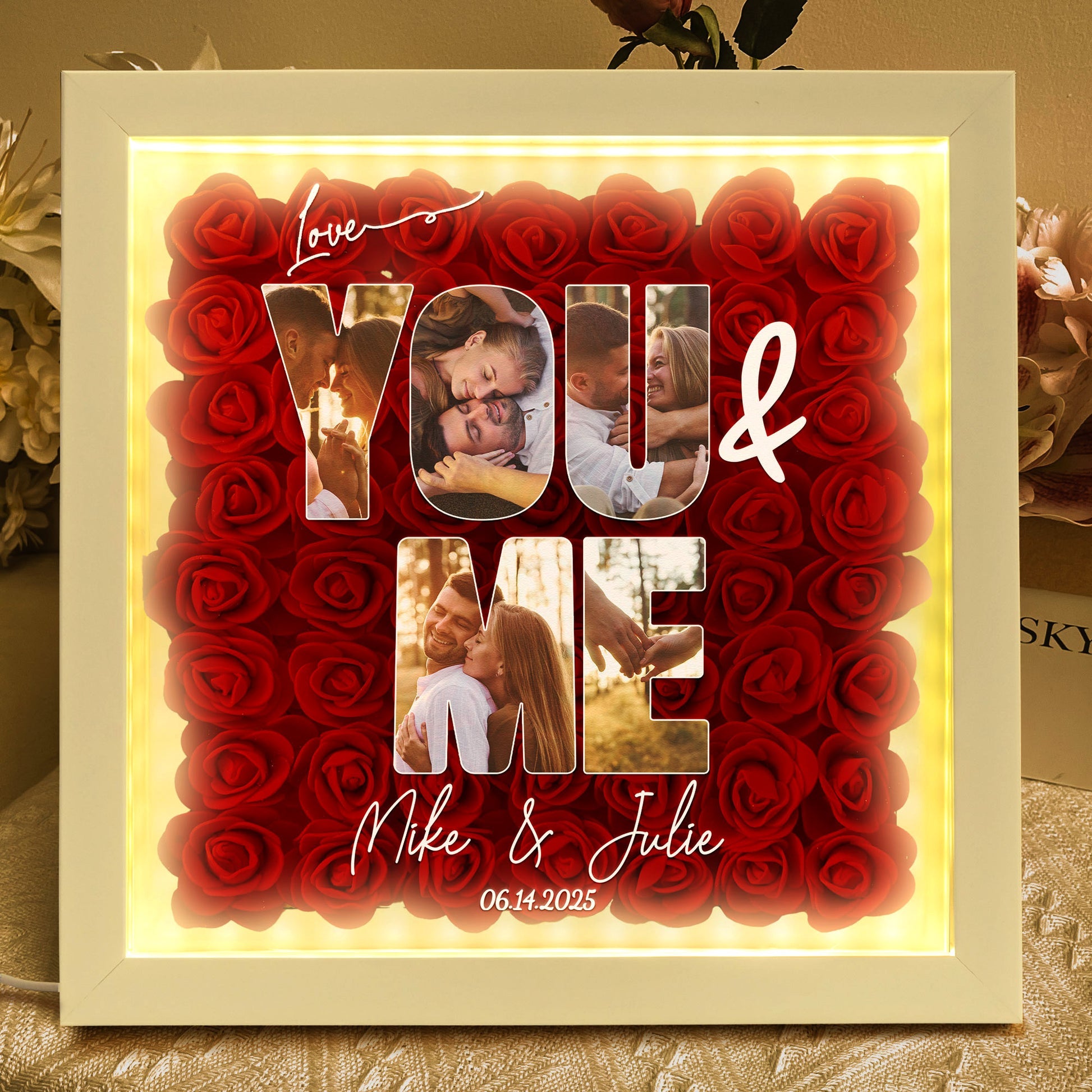 You & Me Custom Photo Collage For Couples - Personalized Photo Flower Shadow Box With LED Light