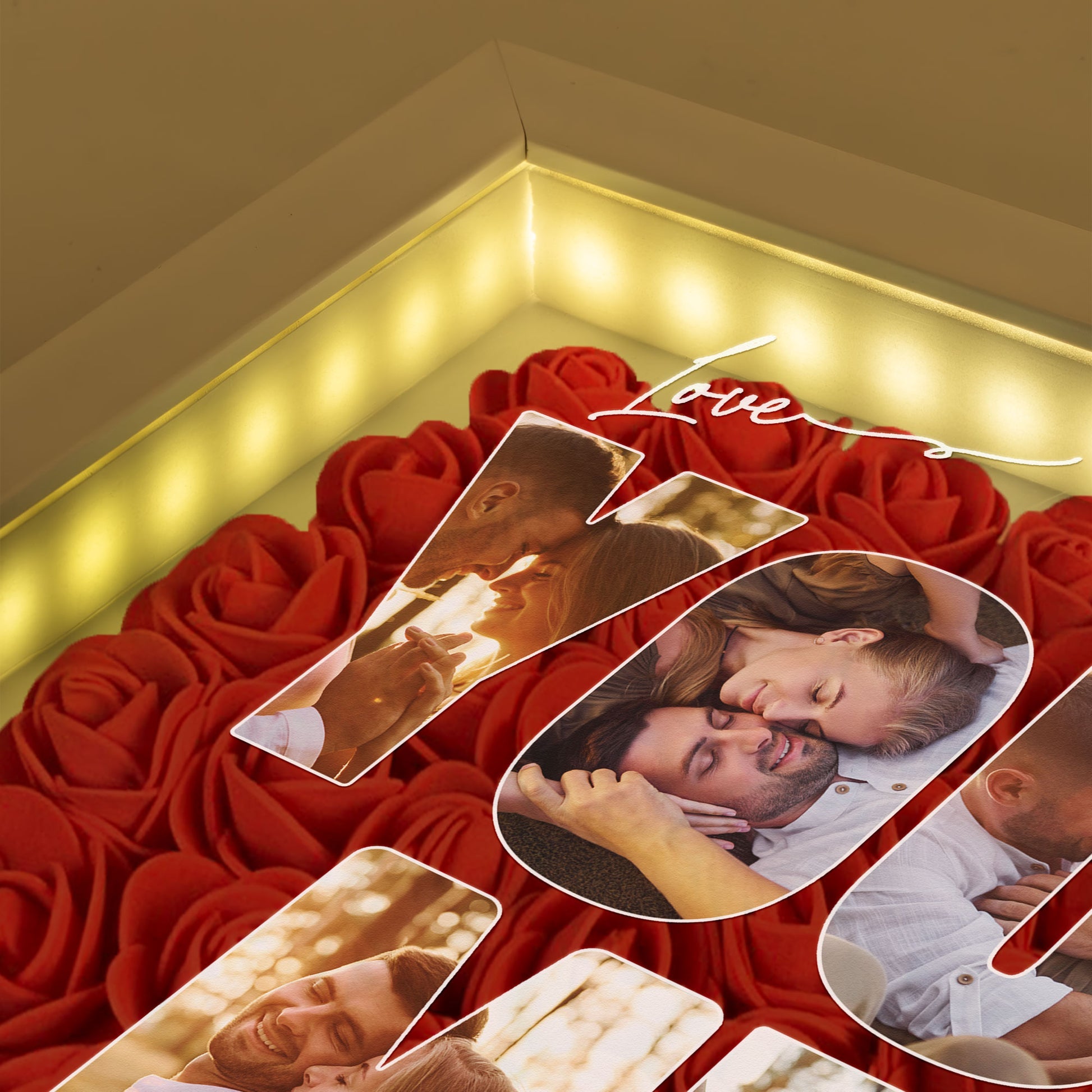 You & Me Custom Photo Collage For Couples - Personalized Photo Flower Shadow Box With LED Light