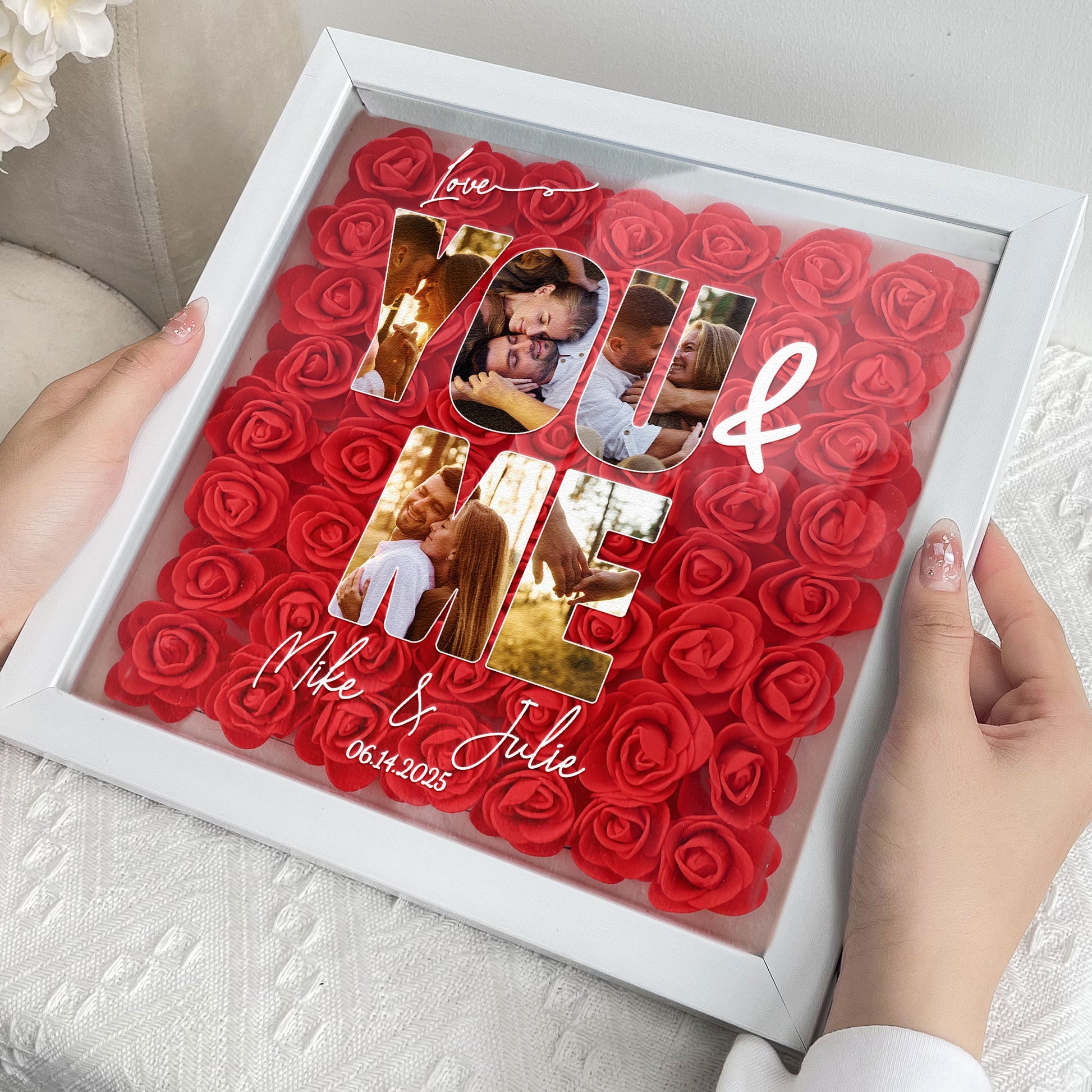 You & Me Custom Photo Collage For Couples - Personalized Photo Flower Shadow Box With LED Light