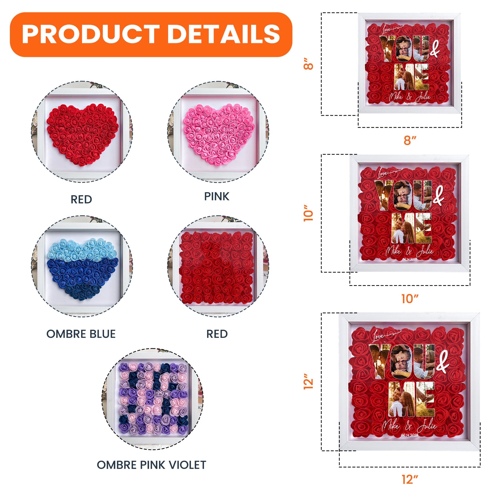 You & Me Custom Photo Collage For Couples - Personalized Photo Flower Shadow Box With LED Light