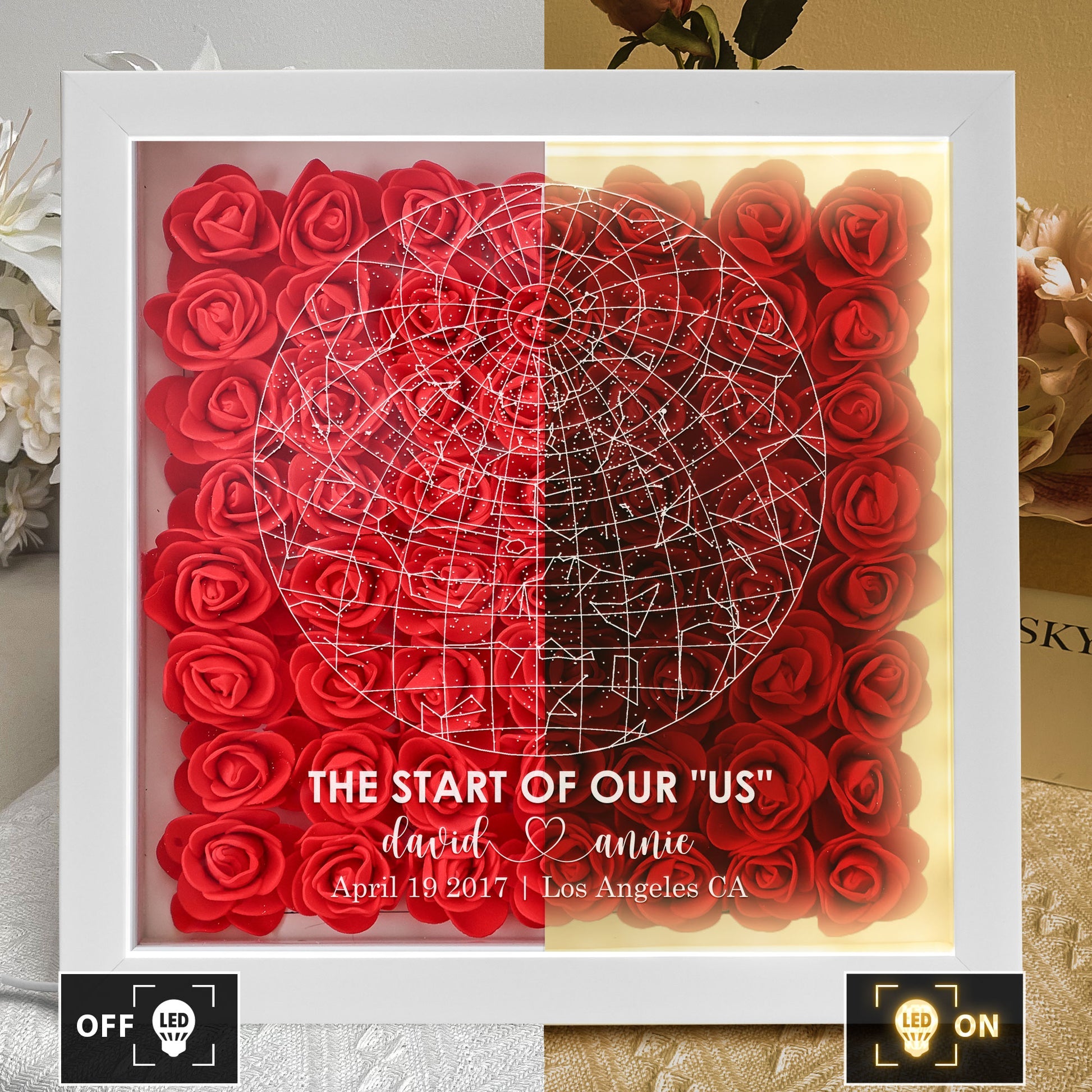 The Night Our Love Story Began Custom Star Map - Personalized Flower Shadow Box With LED Light
