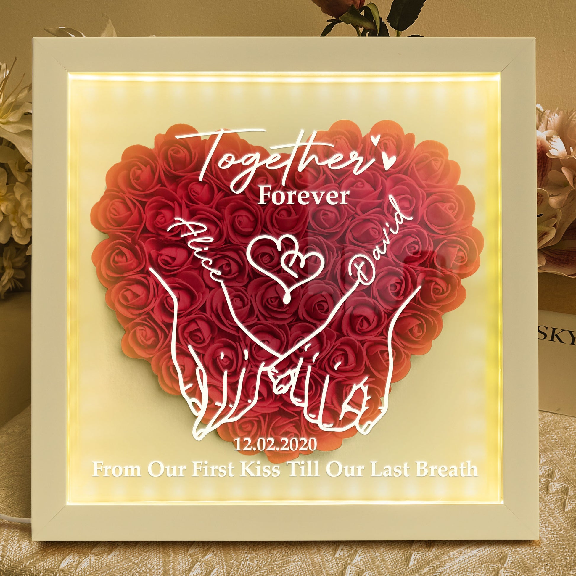 From Our First Kiss Till Our Last Breath - Personalized Flower Shadow Box With LED Light