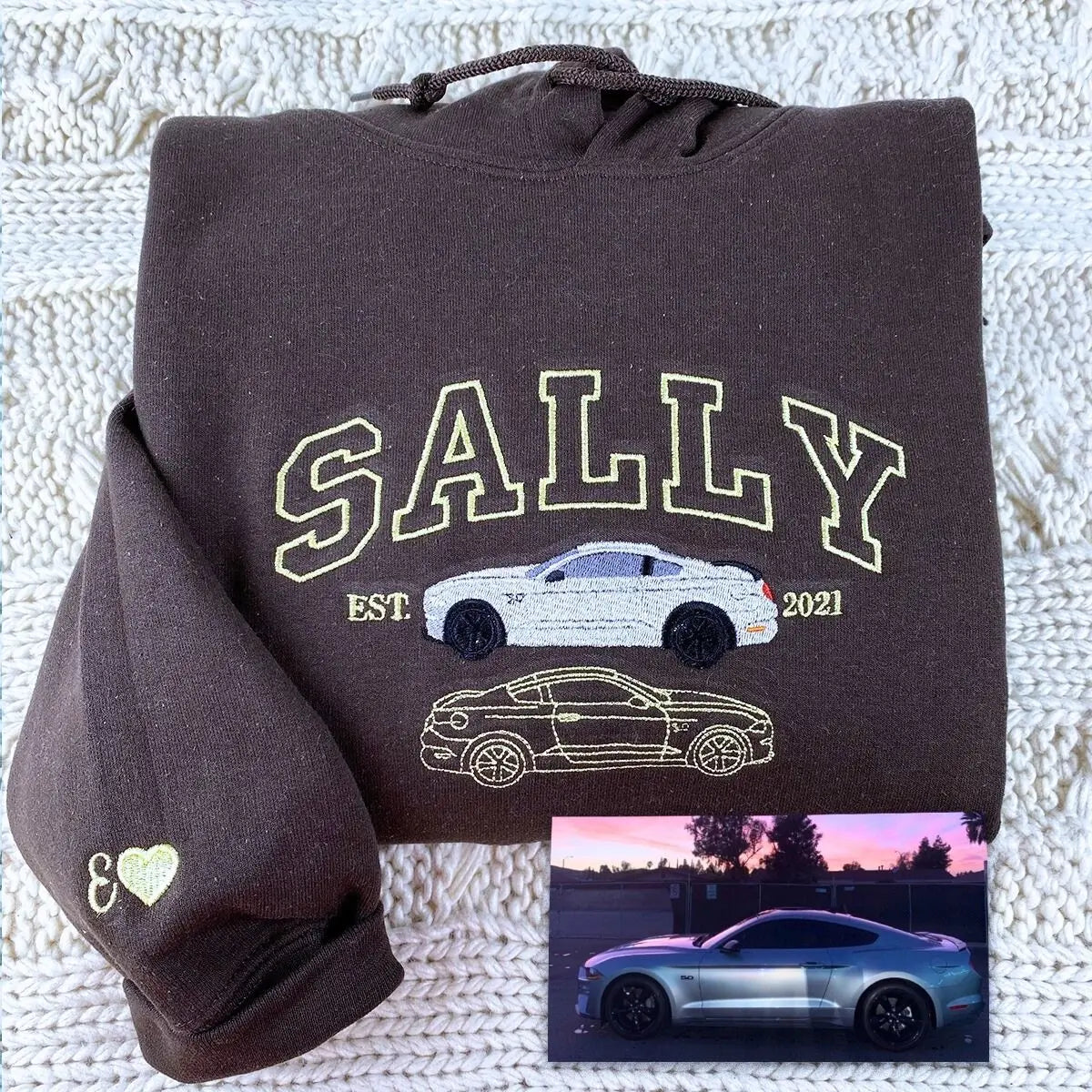 Custom Embroidered Car Portrait And Name Hoodie, A Gift For Your Boyfriend Or Car Enthusiast.