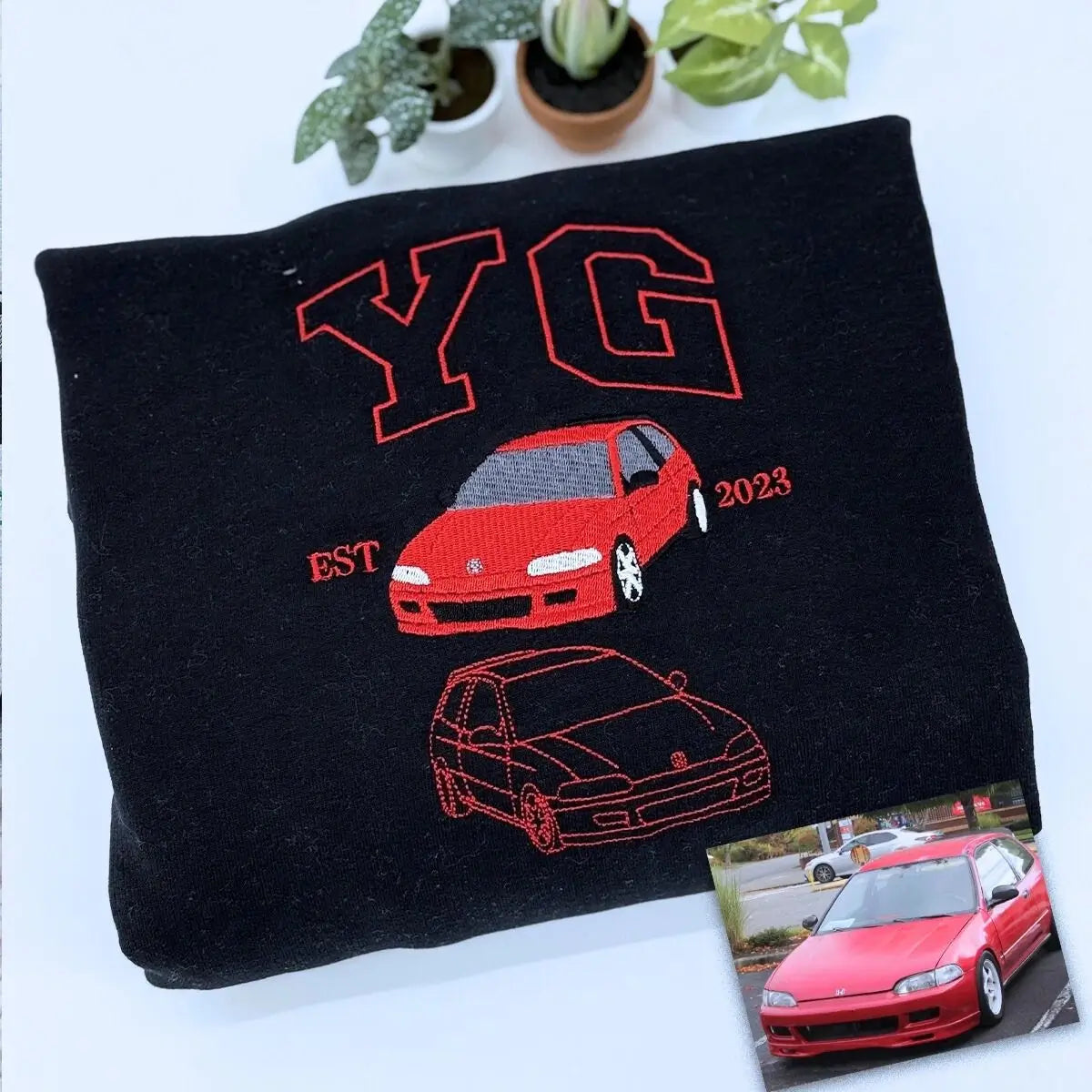 Custom Embroidered Car Portrait And Name Hoodie, A Gift For Your Boyfriend Or Car Enthusiast.
