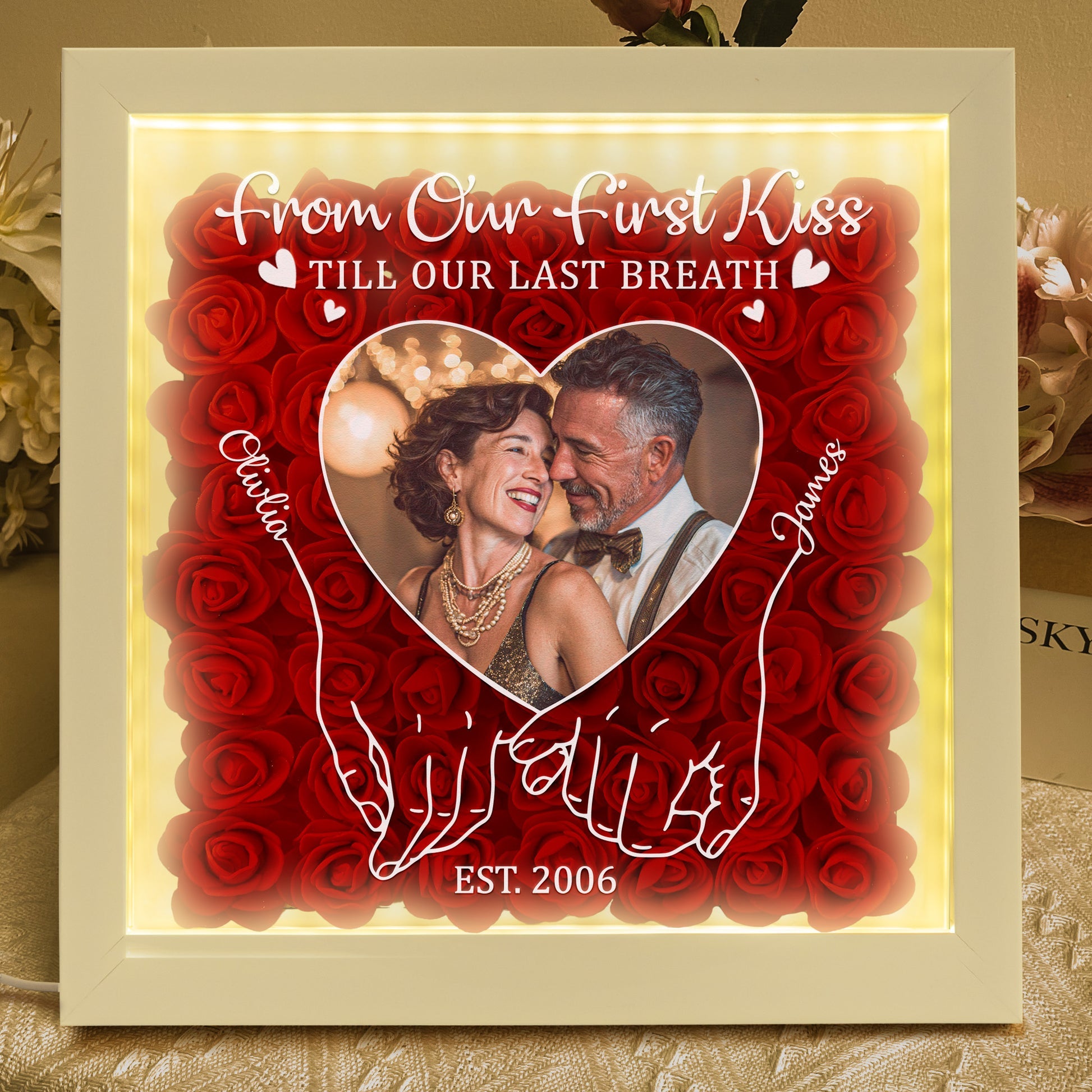 First Kiss Till Last Breath Valentine's Day Anniversary Gift - Personalized Photo Flower Shadow Box With Led Light