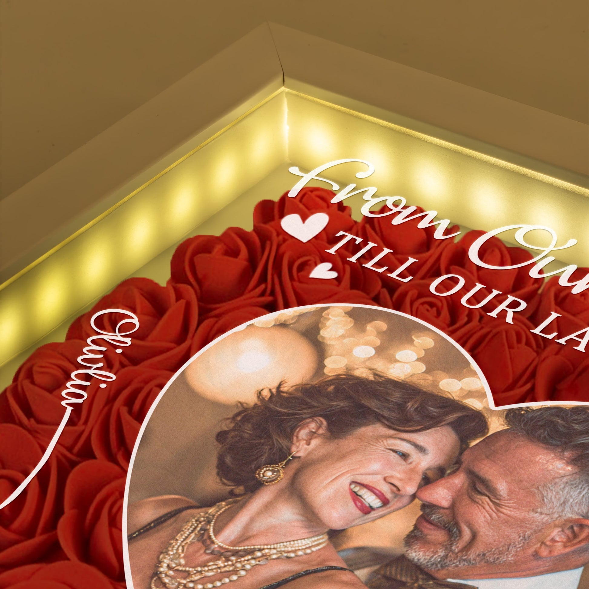 First Kiss Till Last Breath Valentine's Day Anniversary Gift - Personalized Photo Flower Shadow Box With Led Light