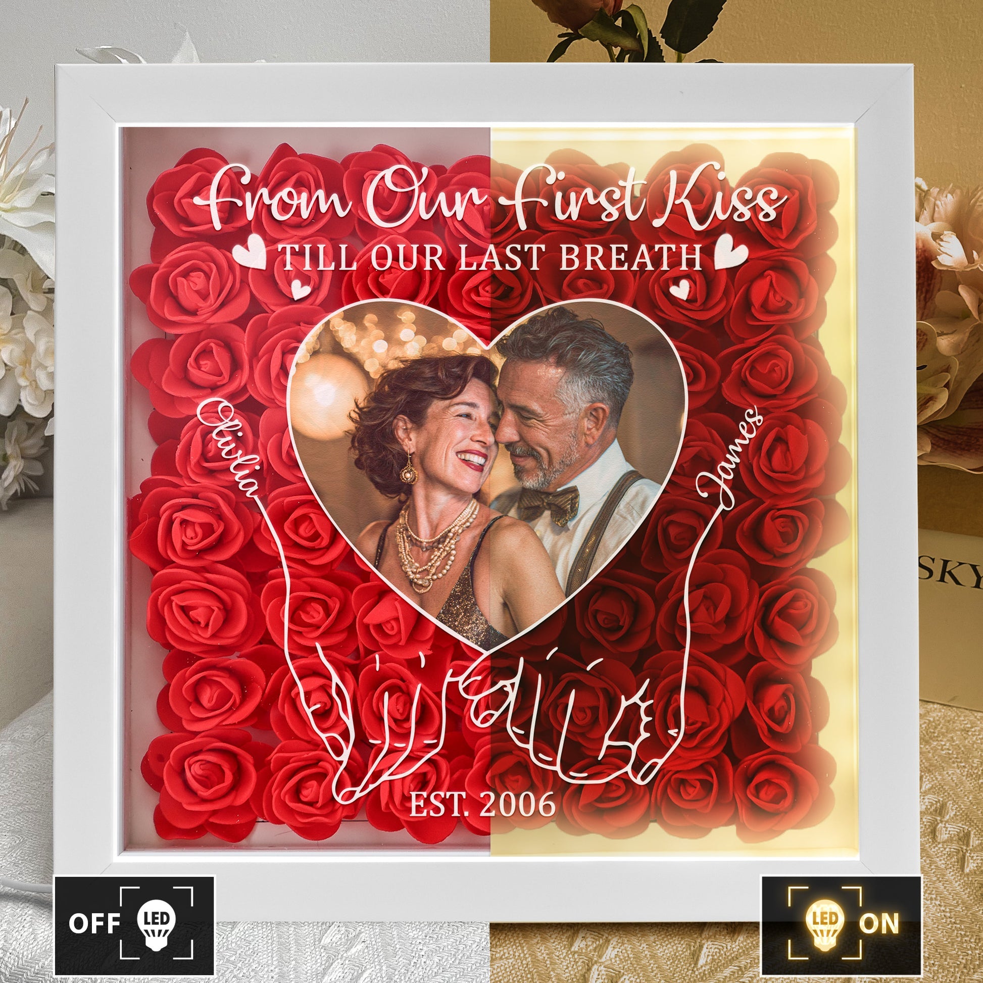 First Kiss Till Last Breath Valentine's Day Anniversary Gift - Personalized Photo Flower Shadow Box With Led Light