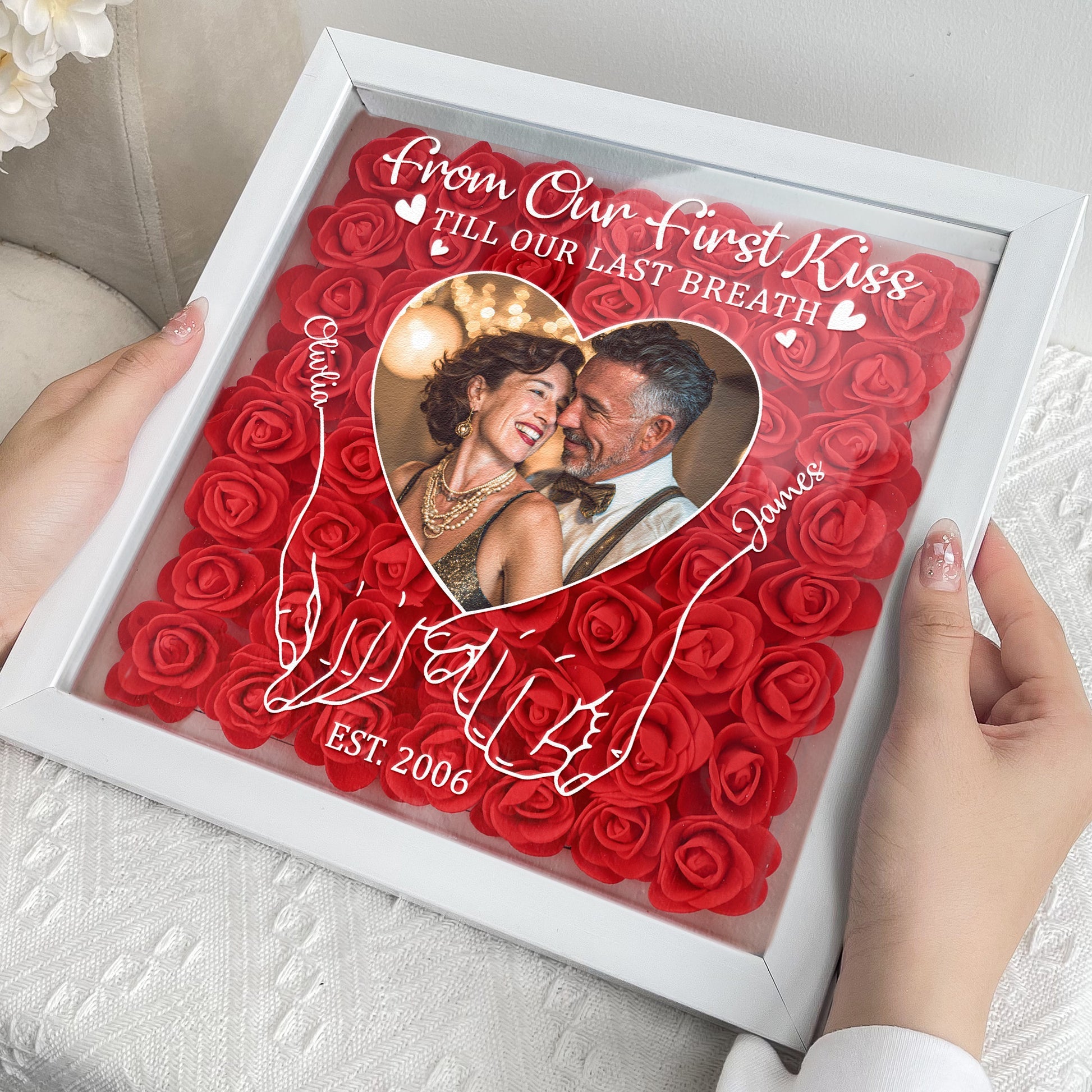 First Kiss Till Last Breath Valentine's Day Anniversary Gift - Personalized Photo Flower Shadow Box With Led Light
