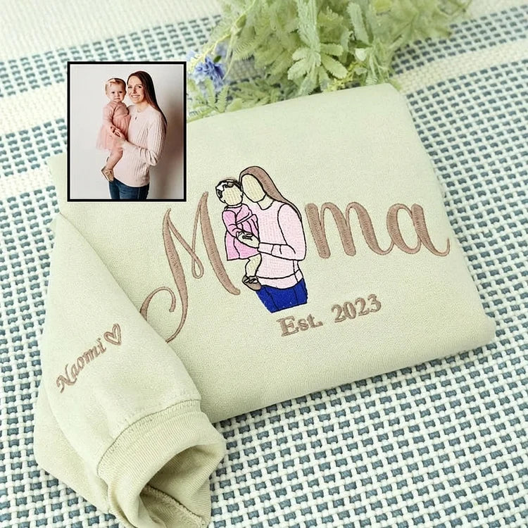Custom Embroidered Mum Sweatshirt with Mum Kids Portrait