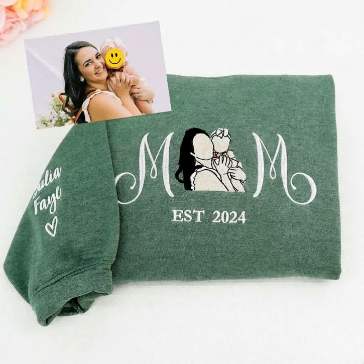 Custom Embroidered Mum Sweatshirt with Mum Kids Portrait
