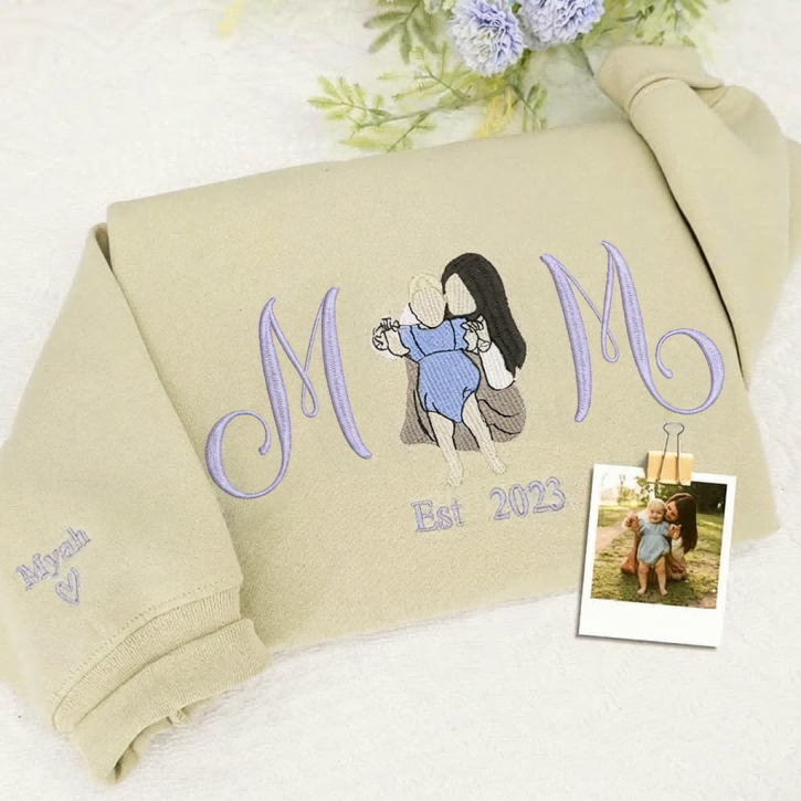 Custom Embroidered Mum Sweatshirt with Mum Kids Portrait