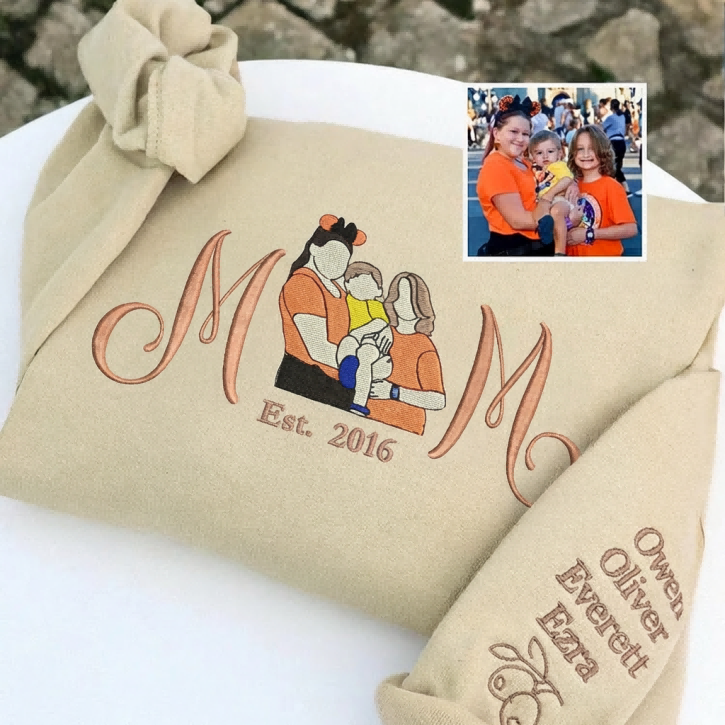 Custom Embroidered Mum Sweatshirt with Mum Kids Portrait
