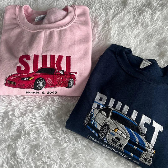 Personalized Car Embroidery Sweatshirt – Custom Name, Car Photo & Model