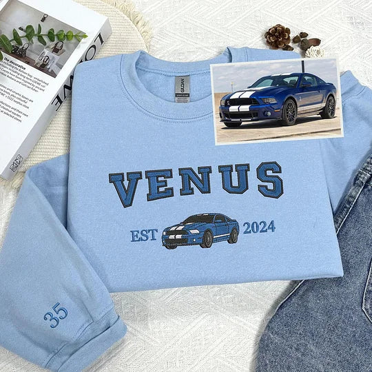 Personalized Sweatshirt Embroidered Car Photo Line Design Custom Name Attractive Gift for Car Lovers