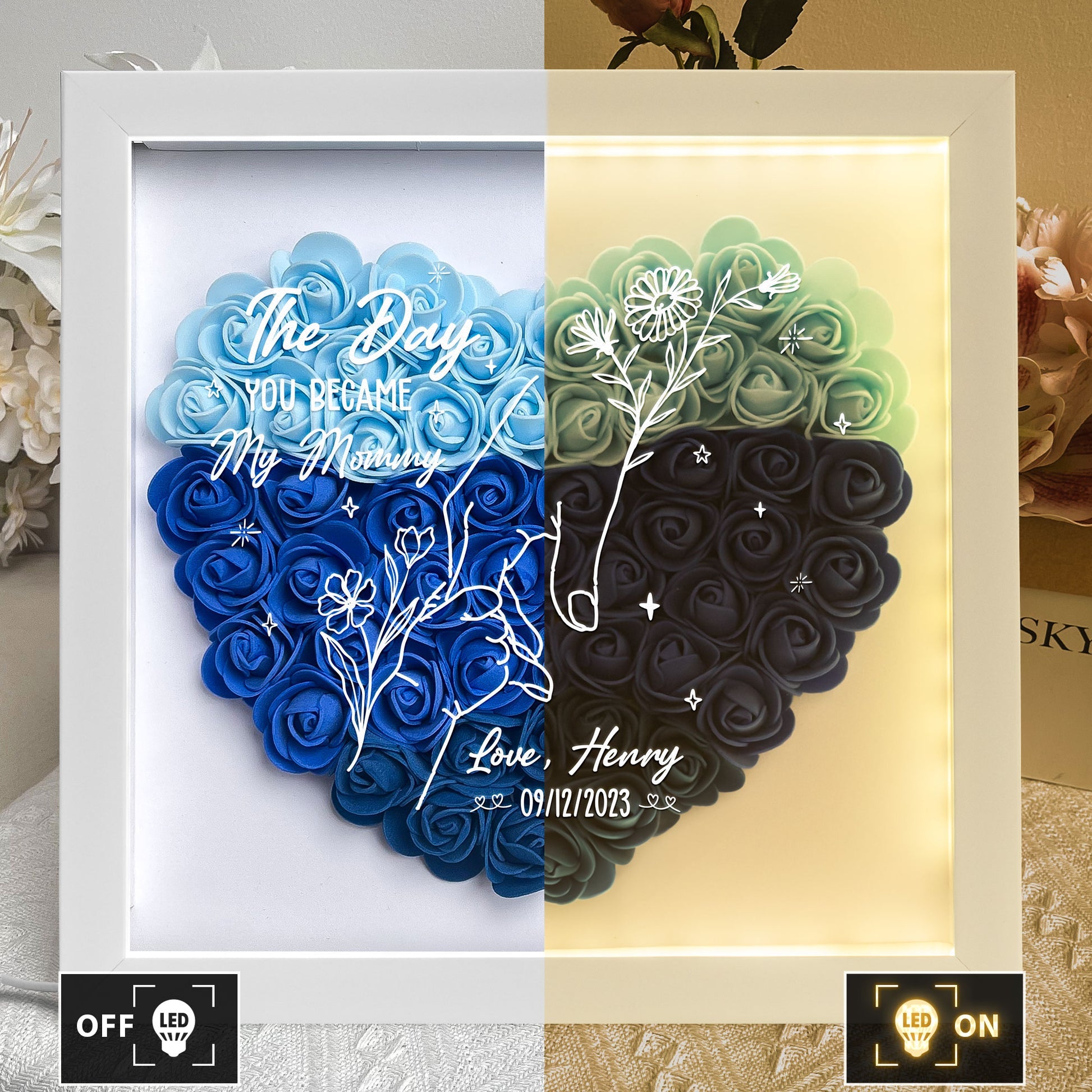 The Day You Became My Mummy - Personalized Flower Shadow Box With LED Light