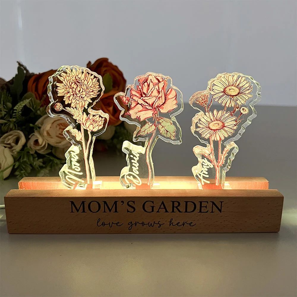 ✨Custom Birth Flower 3D Crystal Acrylic LED Light With Children's Names